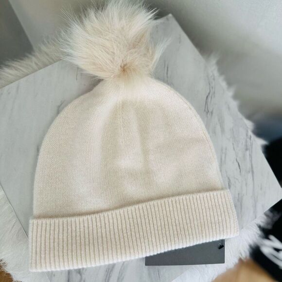 Nordstrom Faux Fur Cashmere Pompom Beanie, Pink, 100% Ivory Cream, NWT - Picture 6 of 10